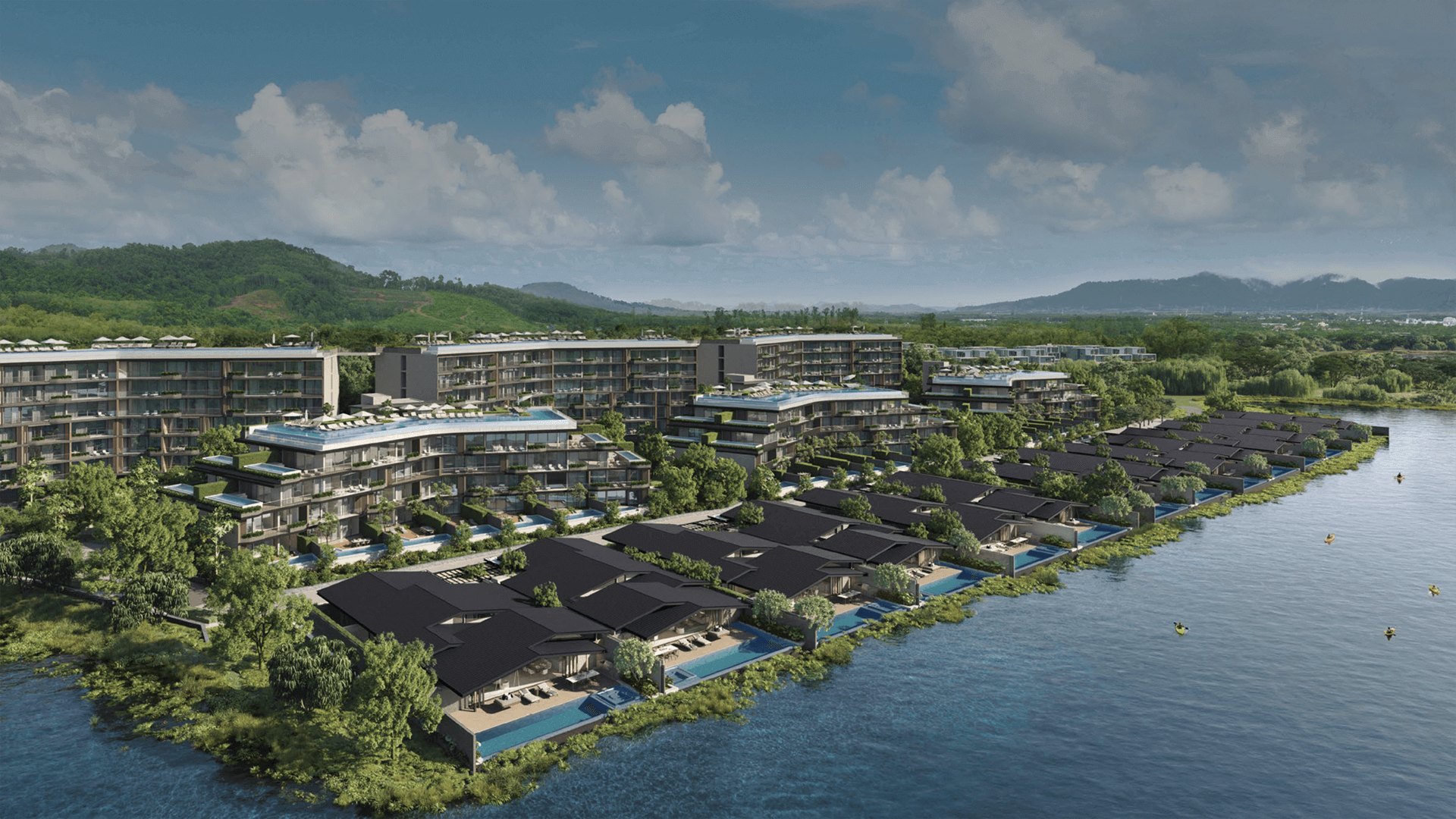 Laguna Lakelands — Waterfront Villas row along the lake